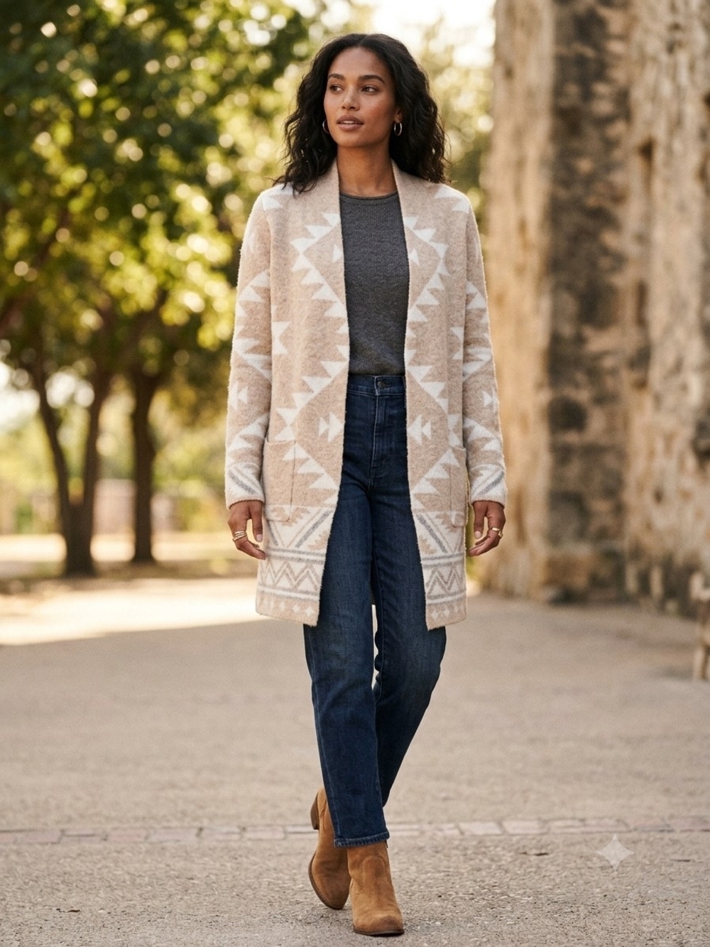 Beige Aztec Open-Front Cardigan Sweater - Women